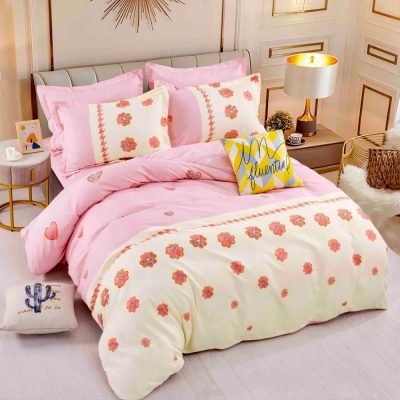 Lenjerie pat 1 PERSOANA,  FINET, 4 piese, Jojo Home, Crem-Roz, floricele