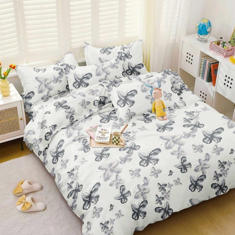 Lenjerie pat dublu bumbac satinat - 3 Bucati 219 Lei -   Alb fluturi