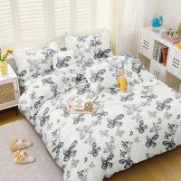Lenjerie pat dublu bumbac satinat - 3 Bucati 219 Lei -   Alb fluturi