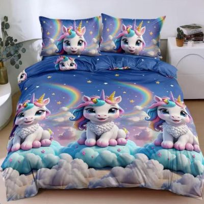 Lenjerie pat dublu bumbac satinat - 3 Bucati 219 Lei -  Albastru unicorni