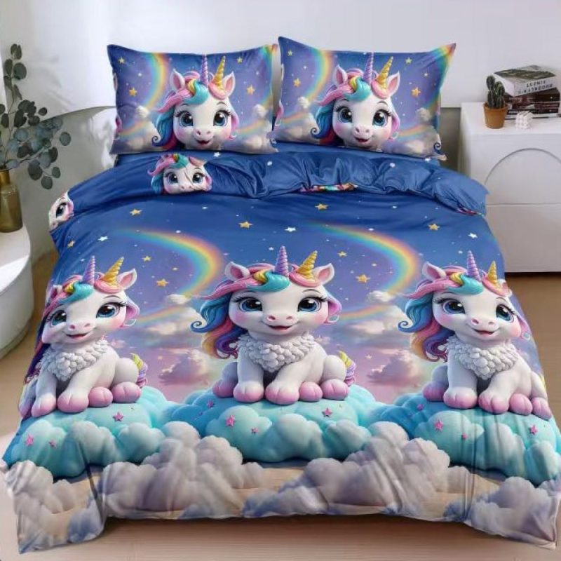 Lenjerie pat dublu bumbac satinat - 3 Bucati 219 Lei -  Albastru unicorni