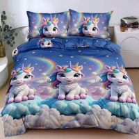 Lenjerie pat dublu bumbac satinat - 3 Bucati 219 Lei -  Albastru unicorni