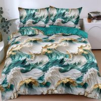 Lenjerie pat dublu bumbac satinat - 3 Bucati 219 Lei -  Verde Gri abstract