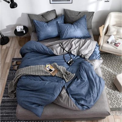 Lenjerie pat dublu, bumbac satinat, cearsaf clasic, 4 piese,  Albastru