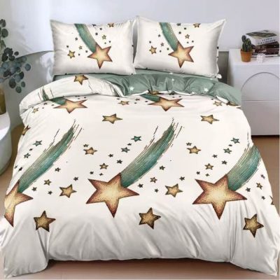 Lenjerie Pat Dublu Cu Elastic Bumbac Satinat - 3 Bucati 219 Lei - Alb Verde Stelute
