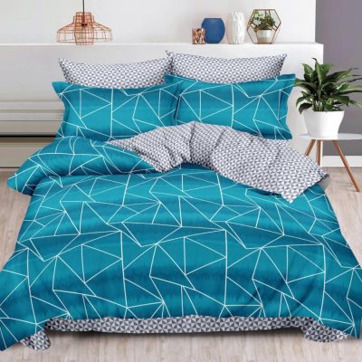 Lenjerie pat dublu cu ELASTIC, Finet, 6 piese, albastru, gri, dungi