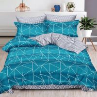 Lenjerie pat dublu cu ELASTIC, Finet, 6 piese, albastru, gri, dungi