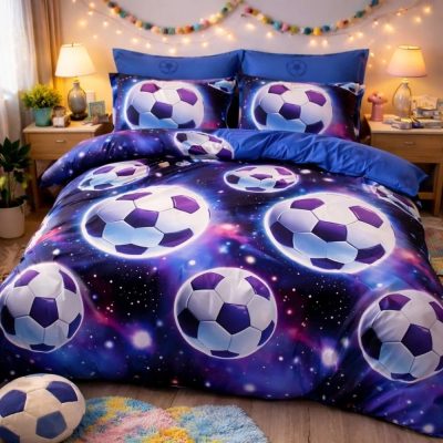 Lenjerie pat dublu cu ELASTIC, Finet, 6 piese, Albastru, mingi de fotbal
