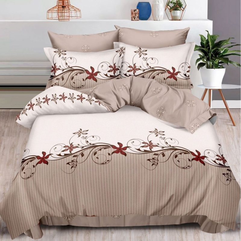 Lenjerie pat dublu cu ELASTIC, Finet, 6 piese, Bej, floral