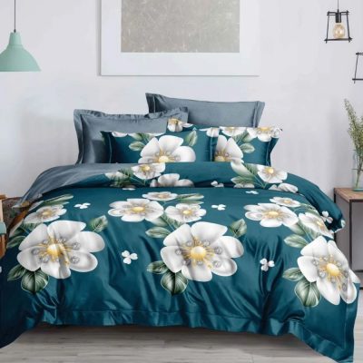 Lenjerie pat dublu cu ELASTIC, Finet, 6 piese, Verde, flori