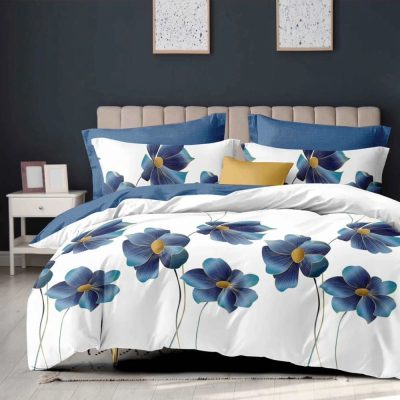Lenjerie pat dublu, Finet, 6 piese, Alb, Albastru, flori