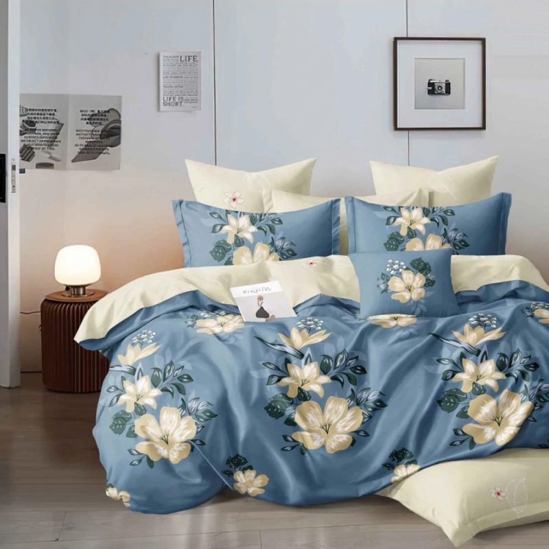 Lenjerie pat dublu, Finet, 6 piese,  Albastru, Crem, flori
