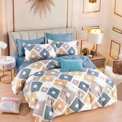 Lenjerie pat dublu, FINET, 6 piese, cu ELASTIC, Jojo Home, Alb, Albastru, Bej, Romburi