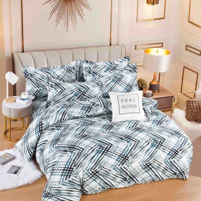 Lenjerie pat dublu, FINET, 6 piese, cu ELASTIC, Jojo Home, Alb, Albastru, dungi