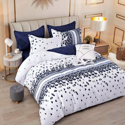 Lenjerie pat dublu,  FINET, 6 piese, cu ELASTIC, Jojo Home, Alb-Bleumarin, forme geometrice