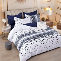 Lenjerie pat dublu,  FINET, 6 piese, cu ELASTIC, Jojo Home, Alb-Bleumarin, forme geometrice
