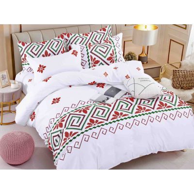 Lenjerie pat dublu,  FINET, 6 piese, cu ELASTIC, Jojo Home, Alb-Rosu, model traditional