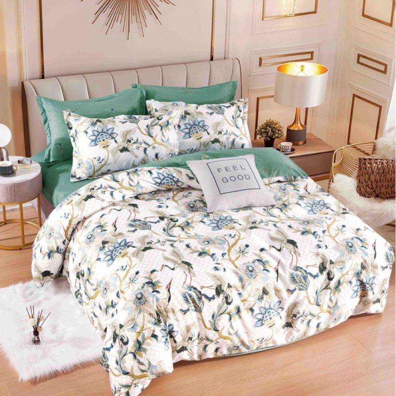 Lenjerie pat dublu,  FINET, 6 piese, cu ELASTIC, Jojo Home, Verde, flori
