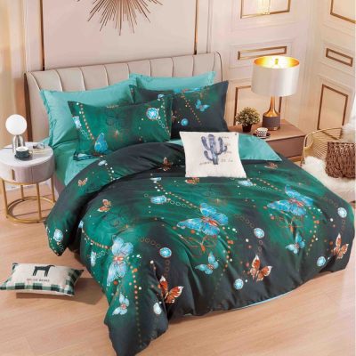 Lenjerie pat dublu,  FINET, 6 piese, cu ELASTIC, Jojo Home, Verde, fluturi