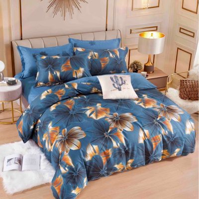 Lenjerie pat dublu,  FINET, 6 piese, Jojo Home, Albastru, flori