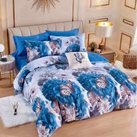 Lenjerie pat dublu,  FINET, 6 piese, Jojo Home, Albastru, fluturi, flori