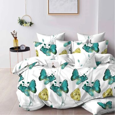 Lenjerie pat dublu, Finet, 6 piese, Verde, Alb, fluturi