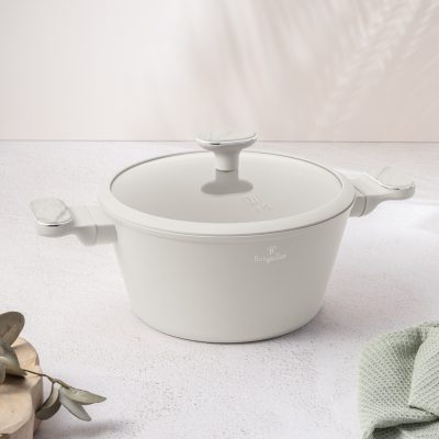 Oala cu capac Berlinger Haus, Sahara Marble, 24 cm, 4.3 L, aluminiu forjat, crem mat/marmura