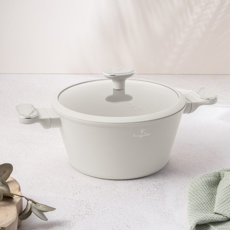 Oala cu capac Berlinger Haus, Sahara Marble, 24 cm, 4.3 L, aluminiu forjat, crem mat/marmura