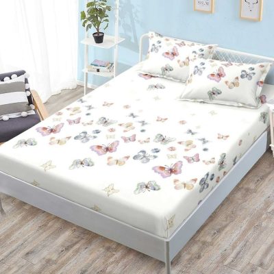 (OFERTA 3 la 159 Lei) Cearsaf cu elastic, FINET, 180x200cm, 2 fete de perne 50x70cm, Crem, Fluturi