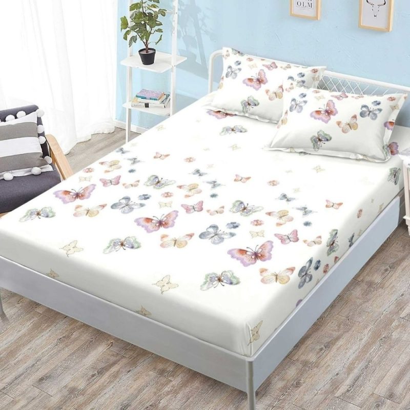 (OFERTA 3 la 159 Lei) Cearsaf cu elastic, FINET, 180x200cm, 2 fete de perne 50x70cm, Crem, Fluturi