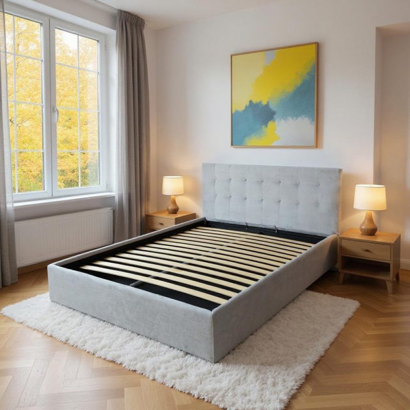 Pat tapitat cu material textil, 160 x 200, cu somiera rabatabila si lada depozitare, Culoare Gri, Kurt