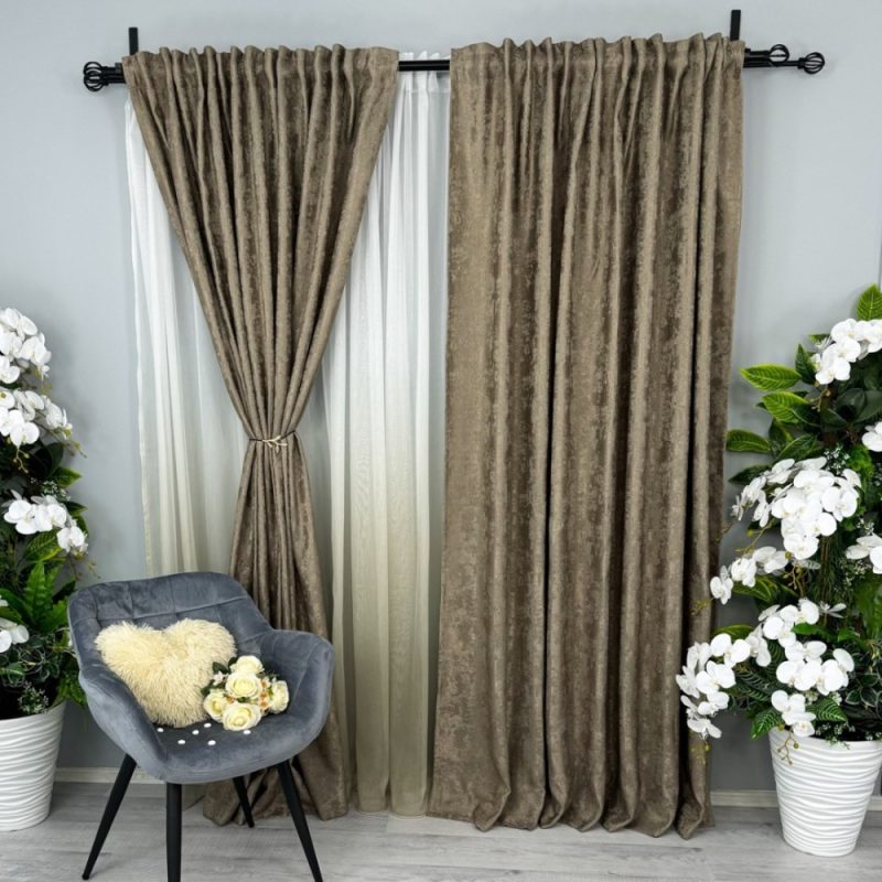 Set 2 Draperii din Jacquard model Nisip, Maro deschis, 140cm latime x 260cm inaltime, cu tiv lat pt rejansa