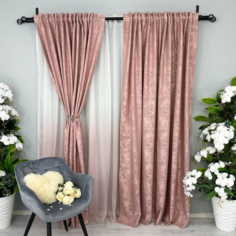 Set 2 Draperii din Jacquard model Nisip, Roz pudra, 140cm latime x 260cm inaltime, cu tiv lat pt bara