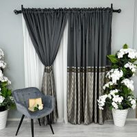 Set 2 Draperii Lines, Satinata, Texturata, Antracit cu Bej, 140cm latime x 260cm inaltime, cu tiv lat pt bara