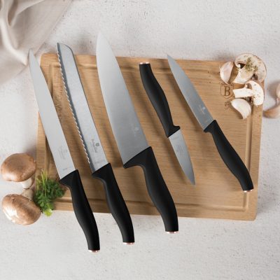 Set 5 cutite cu tocator Berlinger Haus, Black Rose, inox/bambus, negru/natur
