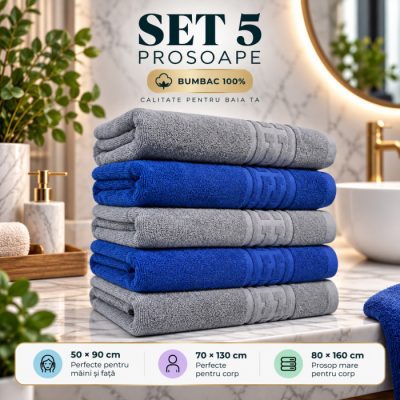 Set 5 Prosoape Baie, Bumbac 100% Albastru,Gri