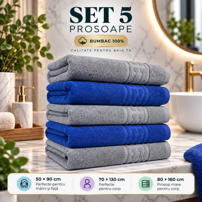 Set 5 Prosoape Baie, Bumbac 100% Albastru,Gri