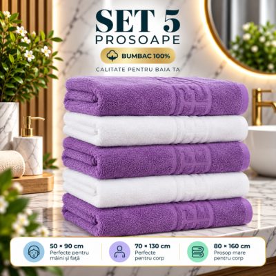Set 5 Prosoape Baie, Bumbac 100% - Mov Alb