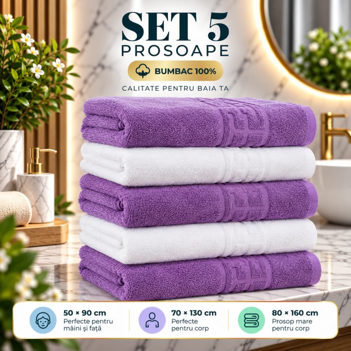 Set 5 Prosoape Baie, Bumbac 100% - Mov Alb