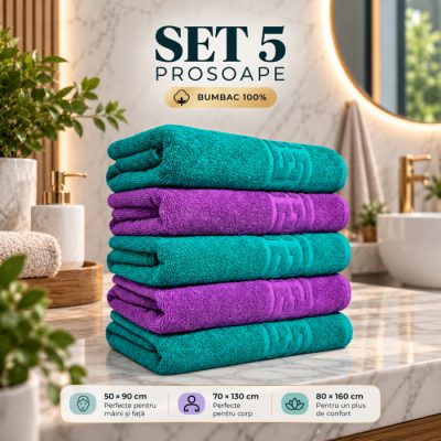 Set 5 Prosoape Baie, Bumbac 100% Mov,Verde