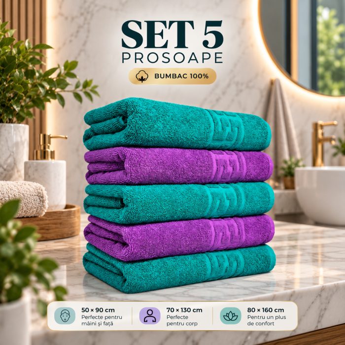 Set 5 Prosoape Baie, Bumbac 100% Mov,Verde