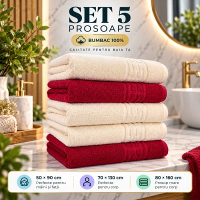Set 5 Prosoape Baie, Bumbac 100% Rosu,Bej