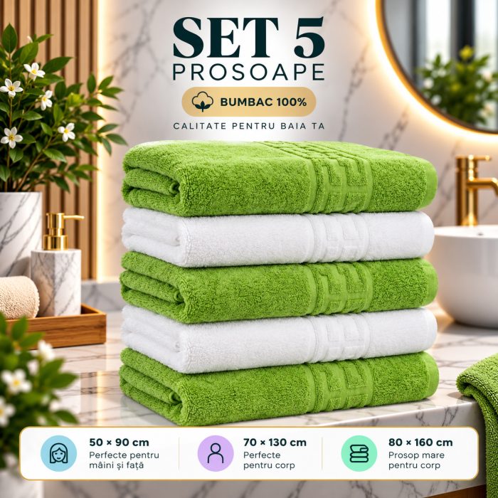 Set 5 Prosoape Baie, Bumbac 100% - Verde  Alb