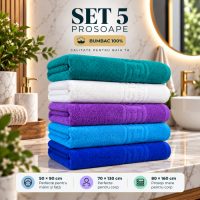 Set 5 Prosoape Baie, Bumbac 100%, Verde  Alb   Mov   Bleu