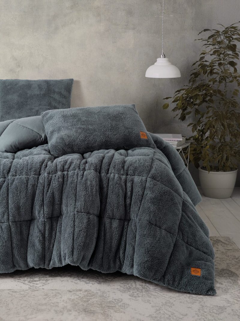 Set cuvertura dubla si perne, L'essentiel Maison, Pelus, Gri