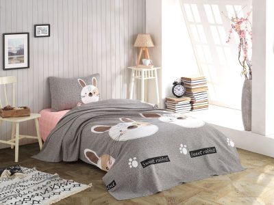 Set cuvertura pique Single, L'essentiel Maison, Tavşancık, Bumbac, Grey / Brown / Beige / Black / Pink