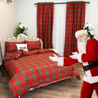 Set Lenjerie Pat Dublu Craciun 4 Piese + 2 Draperii 150x235cm din Bumbac Ranforsat – Confort si Eleganta, Fabricat in Romania,Rosu, Verde, Carouri