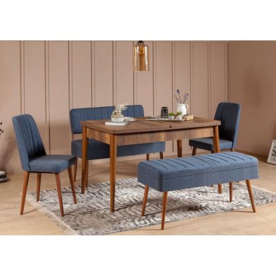 Set masa extensibila si scaune (5 piese), Hanah Home, Vina 1048, Nuc / Albastru închis
