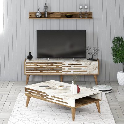 Set mobilier living, Hanah Home, Valensiya 140, Nuc / Alb / Marmură