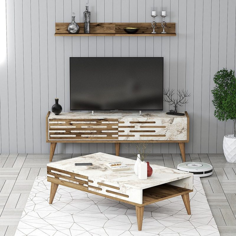 Set mobilier living, Hanah Home, Valensiya 140, Nuc / Alb / Marmură